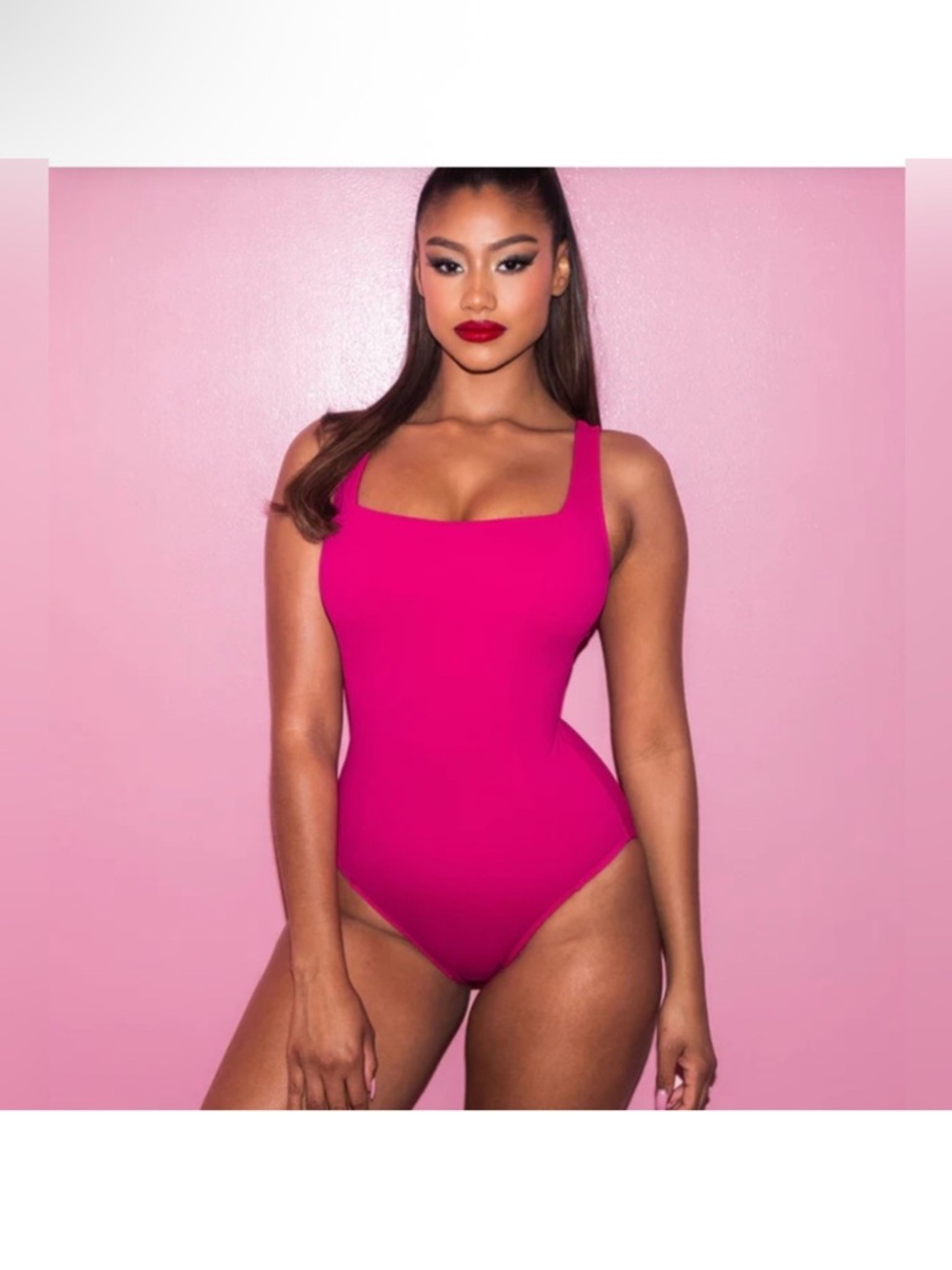 NWT TA3 Squarey Hot Pink Square-Neck One-Piece Swimsuit Small Reg/long moderate